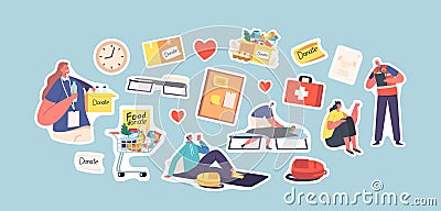 Set of Stickers Volunteers Help Refugees in Shelter during War Conflict, Nature Disaster, Catastrophe or Accident Vector Illustration
