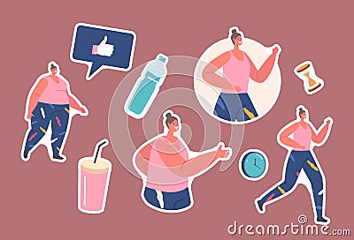 Set of Stickers Woman Weight Loss, Transformation Stages Obese Girl Turning into Healthy Body, Sport Training Vector Illustration