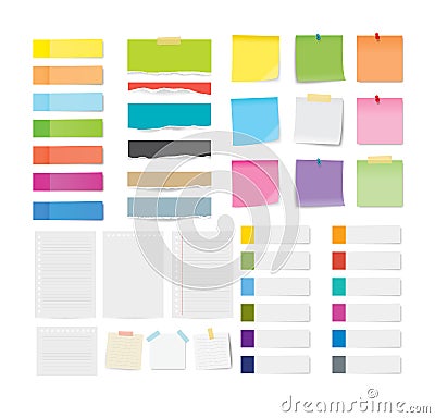 Set of sticky note and torn paper sheets background. Vector Illustration