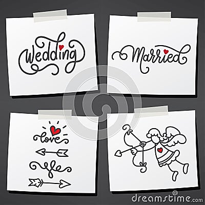 Set of sticky notes.Hand drawn stick figure and lettering.Arrow and heart icons. Vector Illustration