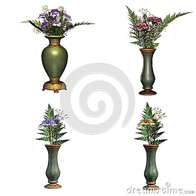 Set of Still life Bouquet of Carnation flowers in vintage antique vase Stock Photo