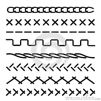 Set stitch sewing machine. Cut lines. Sewing stitches set seam - vector Vector Illustration