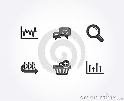 Stock analysis, Add purchase and Research icons. Queue, Happy emotion and Upper arrows signs. Vector Illustration