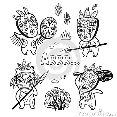 Set of stone age tribe people in masks. Coloring page Vector Illustration