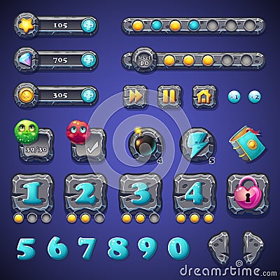 Set stone buttons, progress bars, bars objects, coins, crystals, icons, boosters and other ellementov for web design and user Vector Illustration