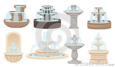 Set of stone fountains street decoration architecture vector illustration isolated on white background Vector Illustration