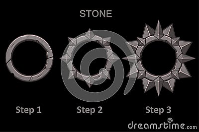Set of stone frames app with spikes in 3 steps to progress. Vector Illustration
