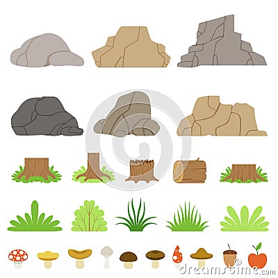 Set of stones of different shapes, forest stumps, logs, bushes, grasses, and mushrooms. Vector illustration Vector Illustration