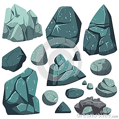 Set of stones. Image of various isolated stones or minerals Vector Illustration