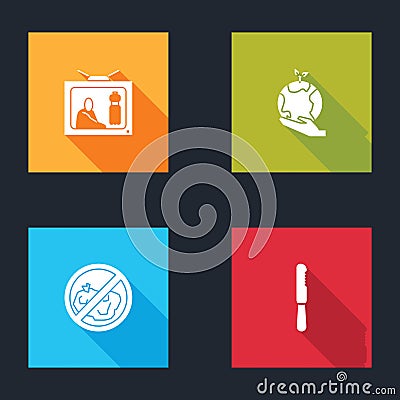 Set Stop plastic pollution, Hand holding Earth globe, No trash and Disposable knife icon. Vector Vector Illustration