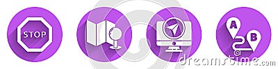 Set Stop sign, Folded map with push pin, Monitor with location marker and Route location icon with long shadow. Vector Vector Illustration