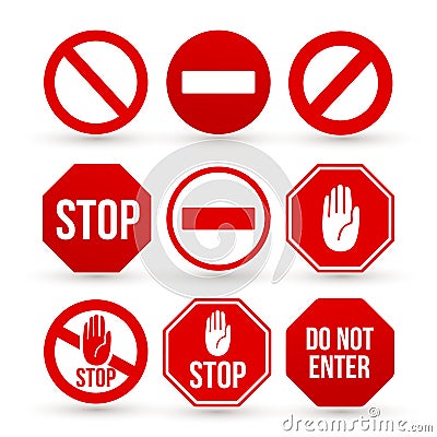 Set of Stop sign icon. No sign, red warning. Flat minimal style. Vector illustration. Isolated on white background Cartoon Illustration