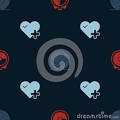 Set Stopwatch, Baseball ball and Heart rate on seamless pattern. Vector Vector Illustration
