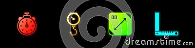 Set Stopwatch, Hand scale spring mechanical, Diagonal measuring and Corner ruler icon. Vector Vector Illustration