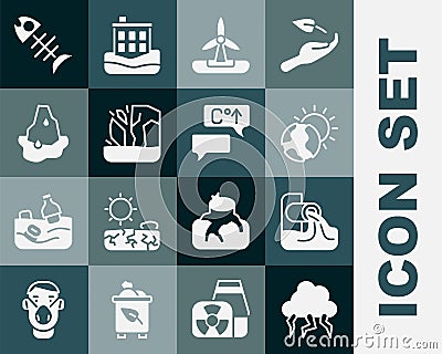 Set Storm, Wastewater, Global warming, Wind turbine, Glacier melting, Dead fish and icon. Vector Stock Photo