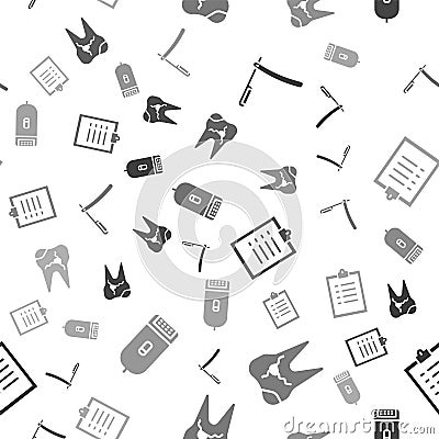 Set Straight razor, Broken tooth, Clipboard with checklist and Electrical hair clipper or shaver on seamless pattern Vector Illustration