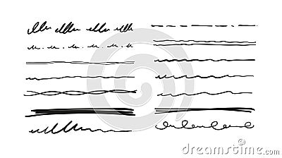 Set of straight, wavy and broken line doodles in pen, pencil underline, vector doodles, hand drawn design elements Stock Photo