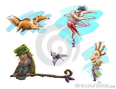 A set with strange elven hand-drawn actors of a wandering circus Stock Photo