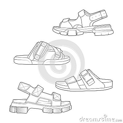 4 set strap sandals outline drawing vector, strap sandals in a sketch style, trainers template outline, vector Illustration Vector Illustration