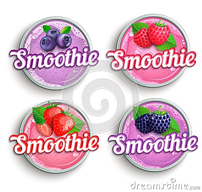 Set of strawberry, blackberry, raspberry, blueberry fresh smoothie logo. Vector Illustration