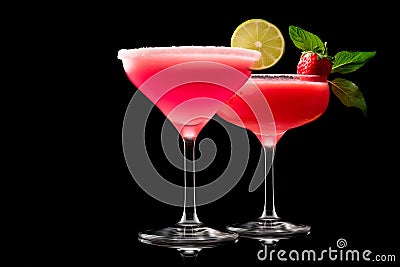 Set of strawberry daiquiri garnished with slice of lime on a black background. Classic Hemingway cocktail Stock Photo