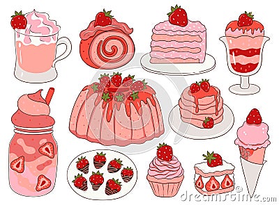 Set of strawberry desserts isolated on white background. Vector graphics Vector Illustration
