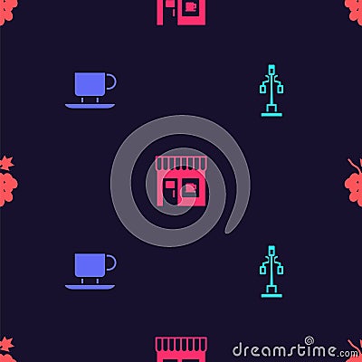 Set Street light, Coffee cup, shop and Grape fruit on seamless pattern. Vector Vector Illustration