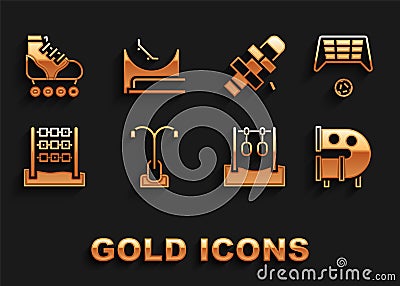 Set Street light, Soccer goal with ball, Kid playground slide pipe, Gymnastic rings, Tic tac toe game, Hopscotch, Roller Vector Illustration