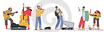 Set Street Musicians Perform Show. People Playing Guitar And Saxophone, Double Bass, Drum And Violin Vector Illustration Vector Illustration