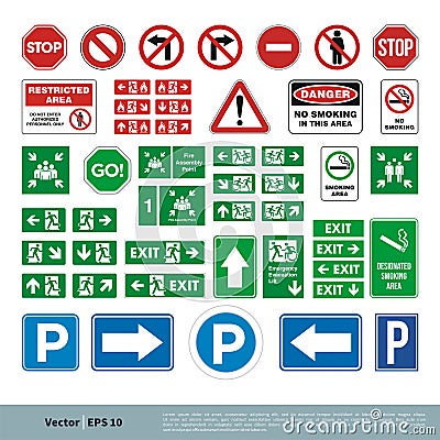 Set Street Sign, Evacuate Sign, Smoking Area / No Smoking Sign, Parking Sign, Stop, Fire Assembly Point Vector Template Vector Illustration