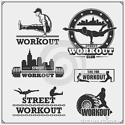 Set of Street Workout and fitness emblems and labels. Athletes illustrations and silhouettes. Vector Illustration