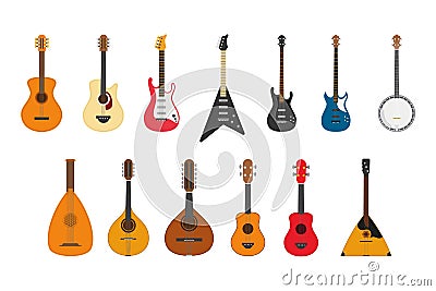 Set of string instruments playing by plucking the strings Vector Illustration