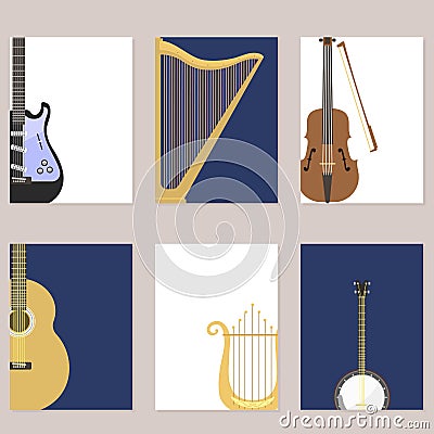 Set of stringed cards with musical instruments classical orchestra art sound tool and acoustic symphony stringed fiddle Vector Illustration