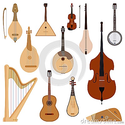 Set of stringed dreamed musical instruments classical orchestra art sound tool and acoustic symphony stringed fiddle Vector Illustration