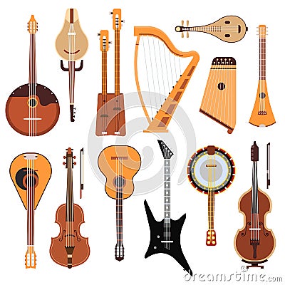 Set of stringed musical instruments classical orchestra art sound tool and acoustic symphony stringed fiddle wooden Vector Illustration