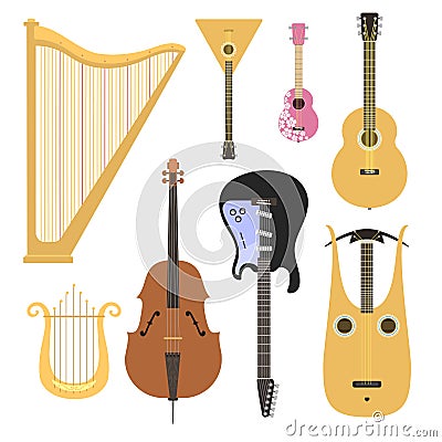 Set of stringed musical instruments classical orchestra art sound tool and acoustic symphony stringed fiddle wooden Vector Illustration