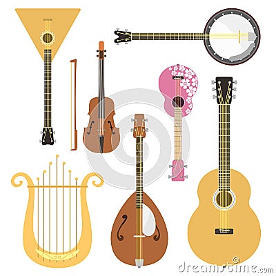 Set of stringed musical instruments classical orchestra art sound tool and acoustic symphony stringed fiddle wooden Vector Illustration