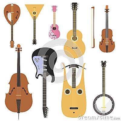 Set of stringed musical instruments classical orchestra art sound tool and acoustic symphony stringed fiddle wooden Vector Illustration