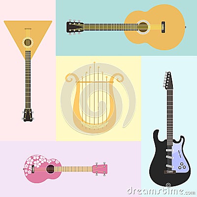 Set of stringed musical instruments classical orchestra art sound tool and acoustic symphony stringed fiddle wooden Vector Illustration