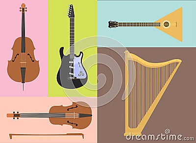Set of stringed musical instruments classical orchestra art sound tool and acoustic symphony stringed fiddle wooden Vector Illustration