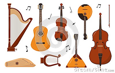 Set of Stringed musical instruments and notes isolated Vector Illustration