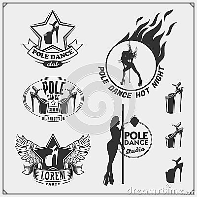 Set of strip plastic and pole dance emblems, labels and design elements. Girls on the pole. Vector Illustration