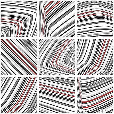 Set of striped pattern with black-and-white and red thin strips Vector Illustration