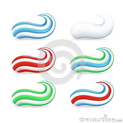 Set of strokes of colored toothpaste, blue, red, green and white, for oral hygiene, daily care, vector Vector Illustration