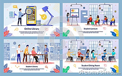 Set Student Lecture, Student Library, Cartoon Stock Photo