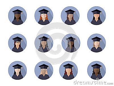 set of students girl in a graduate cap of different races, nationalities and skin colors, color image in a circle, icon Vector Illustration