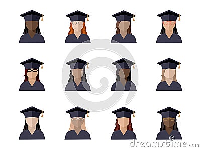 set of students girl in a graduate cap of different races, nationalities and skin colors Vector Illustration