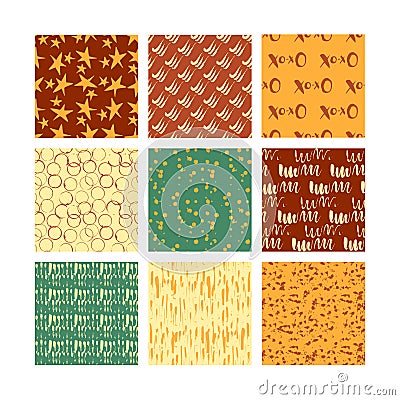 Set of 9 styled, ultimate hand drawn seamless textures. Vector Illustration