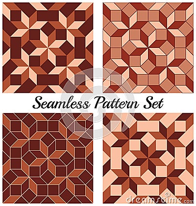 Set of 4 stylish geometric seamless patterns with rhombus and squares of beige and brown shades Vector Illustration