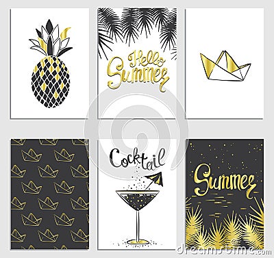 A set of stylish summer cards. Pineapple, cocktail, paper boat and palm branches in vector. Summer inscriptions. Lettering. Vector Illustration